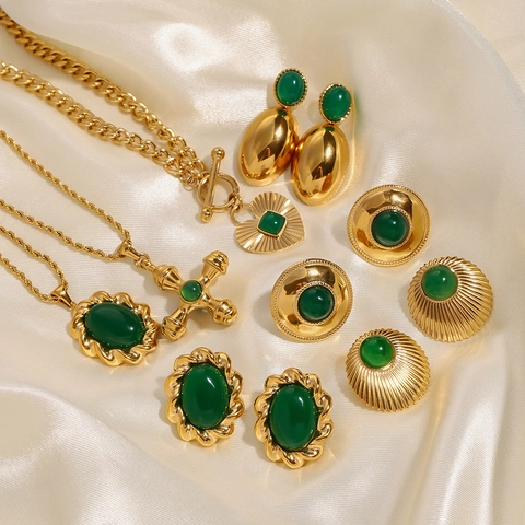 Collana Con Ciondolo E Orecchini Vintage In Acciaio Inossidabile Placcato Oro 18K Con Pietra Preziosa Verde