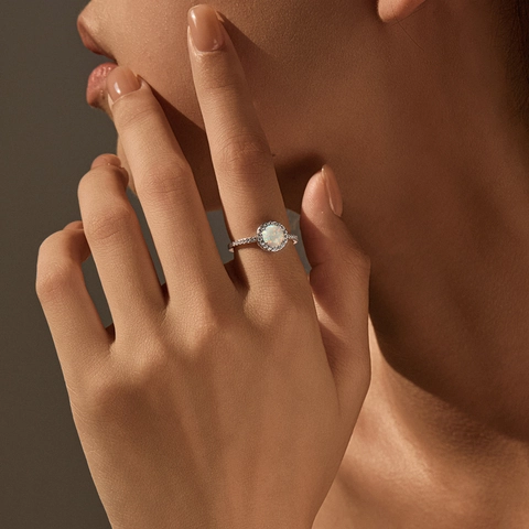 925 Sterling Silver Round White Opal Ring And Earrings With Cubic Zirconia French Chic Elegant Jewelry For Women