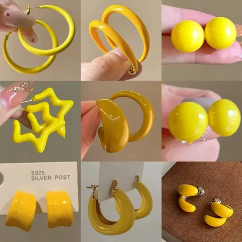 Pendientes Geométricos Estrella Forma C Con Poste Plata Ley 925 Estilo Dopamina Amarilla Joyas Para Mujeres