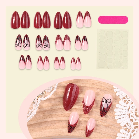 Faux Ongles Amande Motif Léopard Nœud 3D Bordeaux Rose Paillettes Luxe Style Français Pour Femmes
