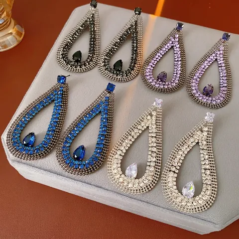 Grandi Orecchini A Goccia Rame Strass Zircone Moda Retrò Banchetto Gioielli Donne Con Perno In Argento