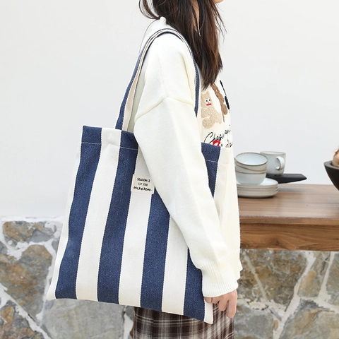 Striped Canvas Tote Bag Large Capacity Casual Shoulder Handbag For Women Retro Korean Style Contrast Color Stripes