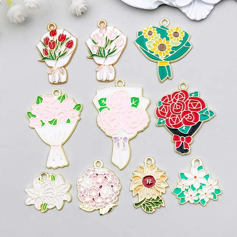 Flower Bouquet Charms Zinc Alloy Enamel Drip Oil Rose Sunflower Tulip For Diy Jewelry Making Necklaces Bracelets Crafts