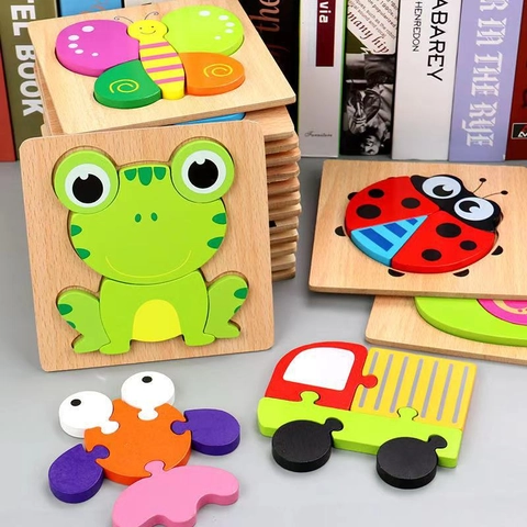 Cartoon Animal And Geometric Shape Wooden 3D Jigsaw Puzzle Cognitive Early Educational Hand Grab Board Toy