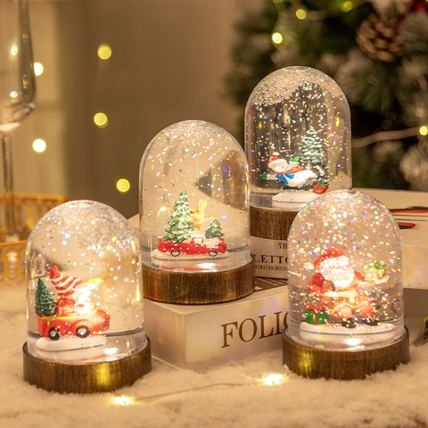 Boule À Neige De Noël Veilleuse LED Ornement De Bureau Père Noël Bonhomme De Neige Voiture Paillettes Liquides Base Bois