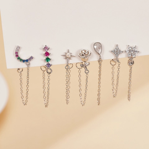 925 Sterling Silver Zirconia Stud Earrings Moon Star Flower Snake Long Tassel Chain Dangle Fashion Jewelry For Women