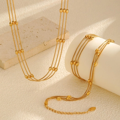 Women Triple Layer Stainless Steel Snake Chain Jewelry Gold Plated Rice Bead Minimalist Necklace Bracelet Anklet Accessory