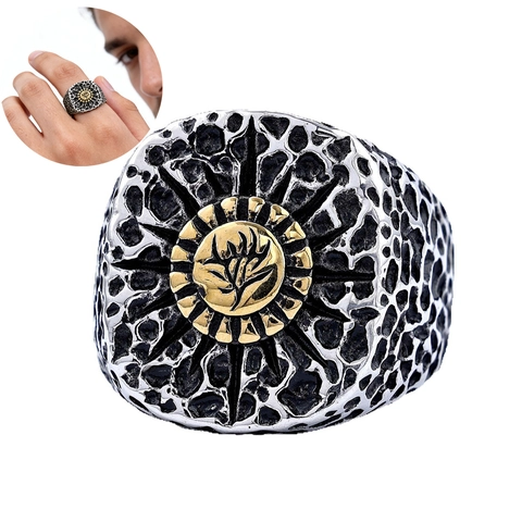 Bague En Acier Inoxydable Vintage Punk Pour Hommes Bicolore Totem Arbre Du Soleil Texture Nid Abeille Style Signet