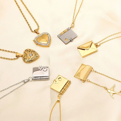 Collana Vintage In Acciaio Inossidabile Placcato Oro 18K Con Ciondolo A Cuore Libro Busta Per Donna Medaglione Gioielli