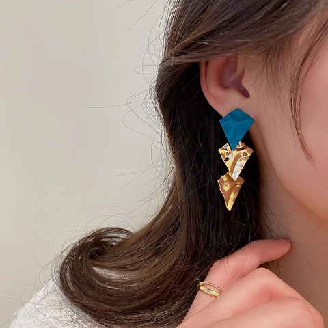 Geometric Pleated Dangle Earrings With 925 Sterling Silver Earring Post Irregular Metallic Matte Style For Women