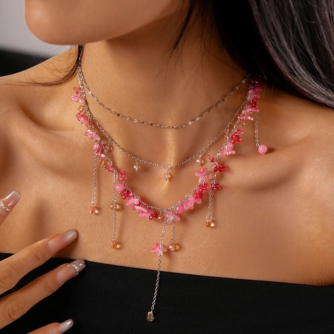 Collar Multicapa Con Cadena Aleación Pétalos Flores Resina Piedras Cristal Trasparentes Flecos Dulce Joyería Mujeres