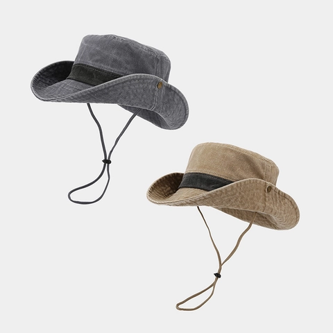 Retro Gewaschene Baumwolle Bucket Hat Mit Windseil Vintage Outdoor Sonnenhut Zum Wandern Angeln Cowboy Style