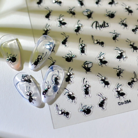 Autocollants Ongles 5D Relief Dessin Animé Fourmis Noires Coccinelle Lettres Auto-adhésifs Imperméables Décorations Ongles