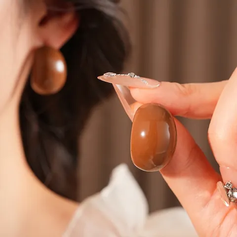 Oval Resin Drop Earrings With Silver Earring Post Glossy Amber Retro Minimalist Style Jewelry For Women