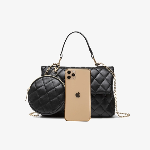 Quilted PU Leather Handbag And Round Coin Purse With Gold Chain Strap Lock Fashion Women Trendy