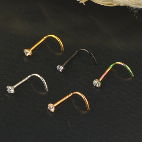 Piercing De Nariz De Acero Inoxidable Circonita Cúbica Curva En Forma De L Joyería De Piercing Corporal Redondo 4-Prong Hipoalergénico Varios Colores