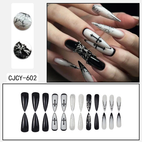 Gothic Stiletto Press On Nails Dunkle Kreuz Legierung Strass Schwarz Weiß Lange Künstliche Fingernägel Zubehör