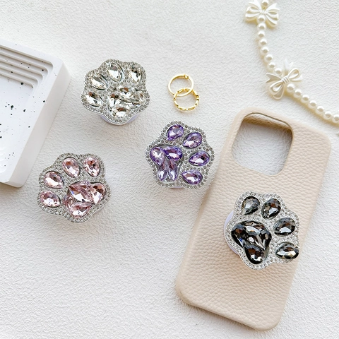 Rhinestone Phone Socket Cat Paw Shape Collapsible Adhesive Desktop Grip Stand Crystal Luxury Cute Mobile Phone Accessory