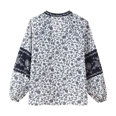 Blusa Da Donna Con Stampa Floreale Maniche Lunghe Scollo A V Cuciture A Contrasto Casual Retro Camicia In Poliestere
