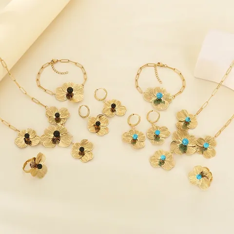 Vintage Holle Bloem Verguld Roestvrij Staal Ketting Armband Oorbellen Ring Met Kraal Voor Vrouwen Elegant Floral Sieraden