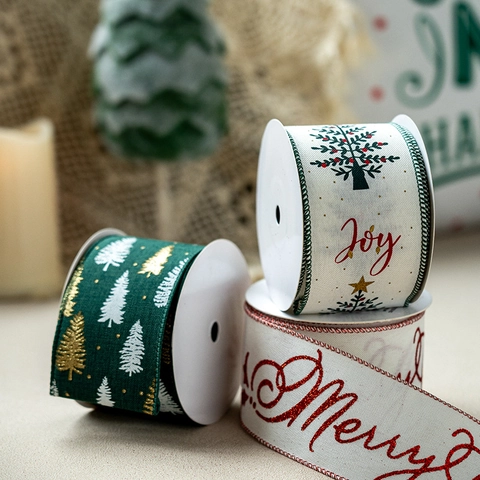 Christmas Ribbons Velvet Fabric Wired Edge For Tree Decor Gift Wrapping Red Green Gold White Pattern DIY Craft Accessory