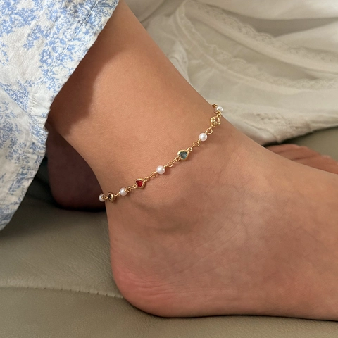 Tobillera De Cobre Chapada En Oro Con Cuentas De Vidrio De Corazón Coloridas Y Perlas Artificiales Joyería De Playa De Verano Para Mujeres