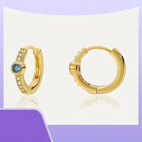 Boucles D'Oreilles Créoles Huggie Rondes Géométriques En Cuivre Plaqué Or 18 Carats Avec Zircone Bleu Blanc Bijoux De Mode Pour Femmes