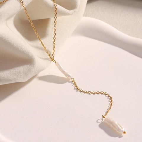 Collar De Borla De Perlas Barrocas Artificiales Chapado En Oro De 18K Acero Inoxidable En Forma De Y Lariat Cadena Larga Joyería Elegante Vintage Para Mujer