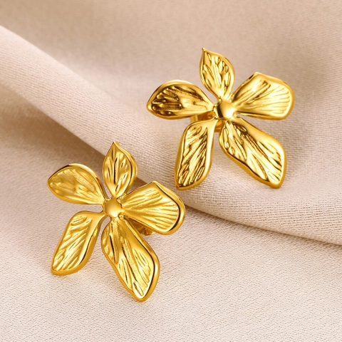 Flower Earrings And Open Ring Stainless Steel Gold Plated Textured Floral Design For Women Elegant Jewelry