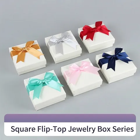 Minimalistische Witte Kartonnen Sieraden Geschenkdoos Met Gekleurde Strik Lint Voor Ring Ketting Armband Verpakking Doos