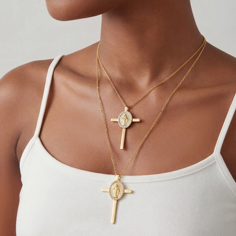 Collier Pendentif Croix Vierge Marie Acier Inoxydable Plaqué Or 18K Zircon Bijou Religieux Vintage Pour Femmes