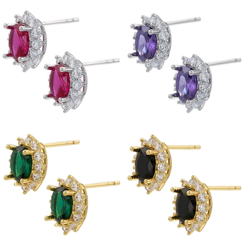 Elegant Oval Cubic Zirconia Stud Earrings For Women Copper Halo Micro Pave Rhinestone Jewelry With Silver Earring Post