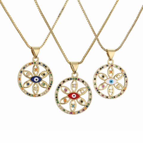 Evil Eye Pendant Necklace Copper Gold Plated Multi Color Zircon Micro Pave Enamel Boho Ethnic Trendy Jewelry For Women