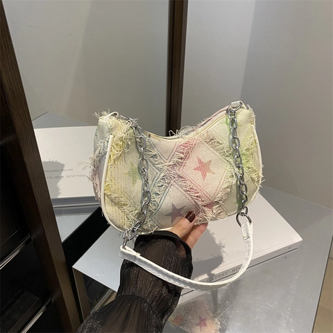 Vintage Denim Shoulder Bag For Women With Star Checkered Pattern Frayed Edges Metal Chain Strap Fashion Underarm Bag