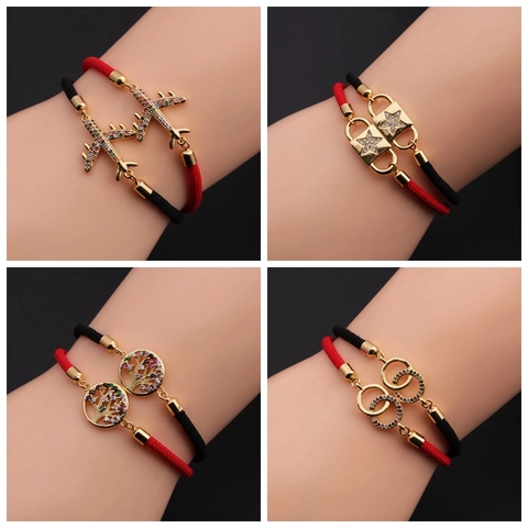 Arbre De Vie Avion Étoile Bracelet En Corde Tissée Cuivre Zircone Cubique Ajustable Bijoux Boho Femmes