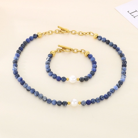 Collana E Bracciale Di Perline Di Pietra Sodalite Naturale Con Perla Artificial Di Conchiglia Acciaio Inossidabile Chiusura OT Vintage Boho Elegante Donna