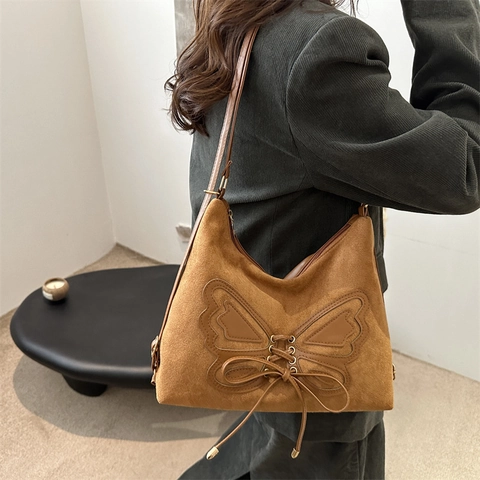 Vintage Suede Shoulder Bag For Women Retro Butterfly Pattern Lace-up Large Capacity Tote Bag Maillard Commute Crossbody Bag