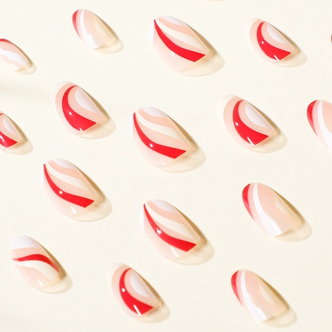 Faux Ongles À Presser Style Français Lignes Ondulées Rouge Blanc Nude Brillant Manucure Couverture Totale