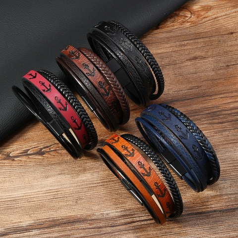 Multi Layer Lederarmband Anker Muster PU Geflochtenes Armreif Mit Magnetverschluss Retro Punk Mode Für Herren