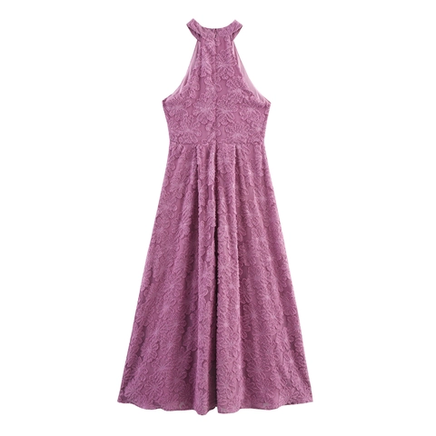 Halter Neck Maxi Dress Textured Burnout Floral Sleeveless Elegant High Waist Sexy Long Evening Gown