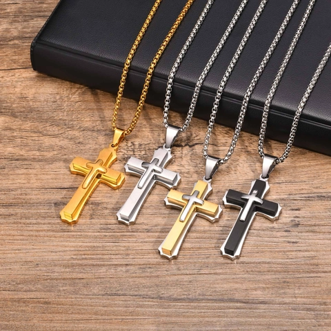 Men's Stainless Steel Cross Pendant Necklace Double Layered Punk Gothic Biker Religious Jewelry Accessory