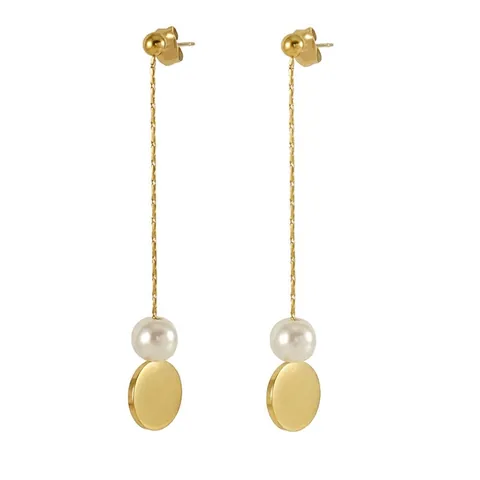 Stainless Steel Artificial Pearl Long Tassel Drop Earrings Gold Plated Round Disc Chain Dangle Jewelry For Women Elegant