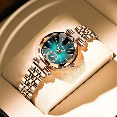 Luxury Women Quartz Watch Rose Gold Alloy Strap Rhinestone Markers Small Seconds Sub-dial Faceted Geometric Glass Wristwatch