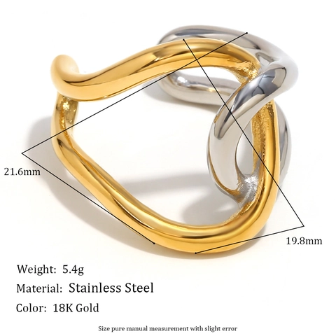 Double Layer Open Ring 18K Gold Plated Stainless Steel Two-Tone Twisted Wave Adjustable Minimalist Jewelry For Women