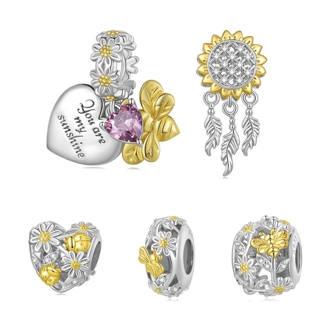 925 Sterling Silver Daisy Bee Sunflower Heart Charms With Cubic Zirconia For DIY Bracelet Making Jewelry For Women