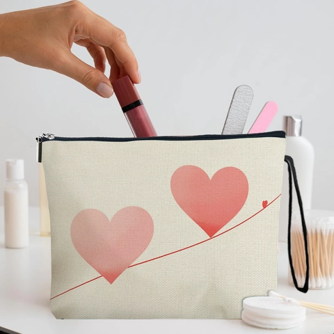 Valentine Day Heart Print Cosmetic Bag Linen Zippered Makeup Pouch With Wristlet Strap For Women Travel Storage