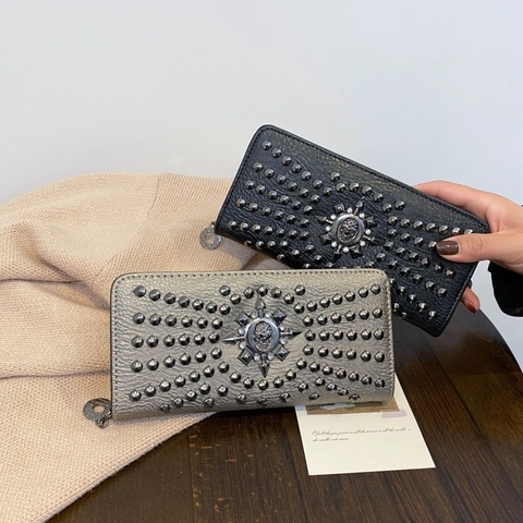 Portafoglio Lungo Da Donna Con Cerniera Pelle PU Punk Teschio Con Borchie Metalliche Strass Grande Capacità Pochette