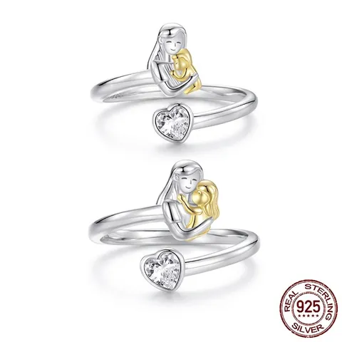 Mutter Kind Umarmung Offener Ring 925 Sterlingsilber Bi-Color Herz Zirkonia Verstellbar Mode Schmuck Geschenk Für Frauen