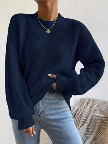 Damen Pullover Rundhalsausschnitt Einfarbig Grobstrick Locker Passform Langarm Lässig Warm Winter Herbst Strickwaren Oberteil
