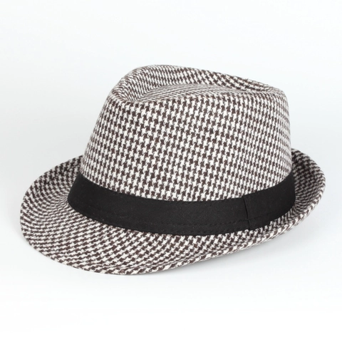 Houndstooth Fedora Hut Vintage Britischer Stil Polyester Baumwolle Jazz Kappe Mit Schwarzem Band Für Herren Damen
